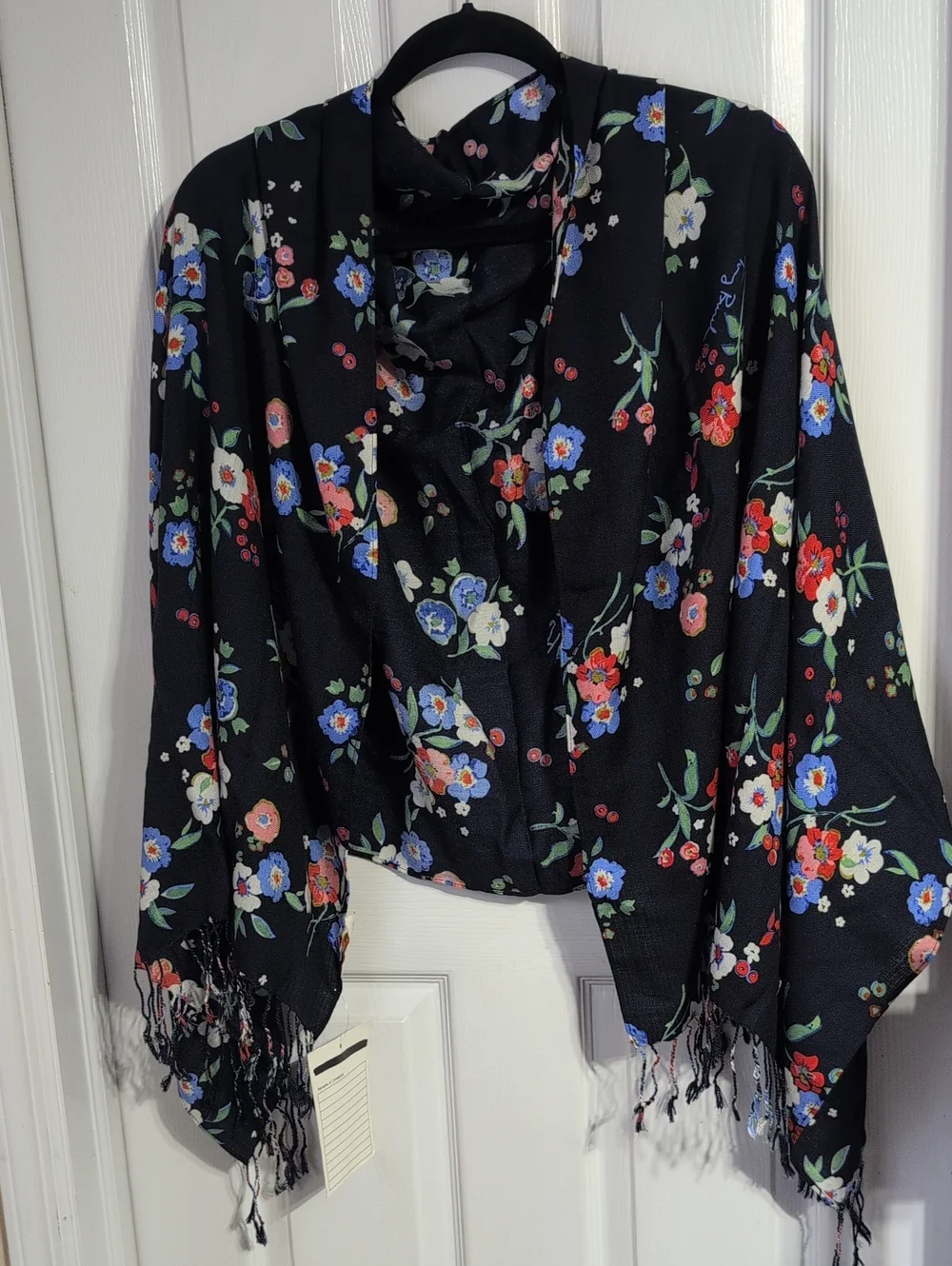 Tory Burch Navy Floral Oversized Scarf with Fringe